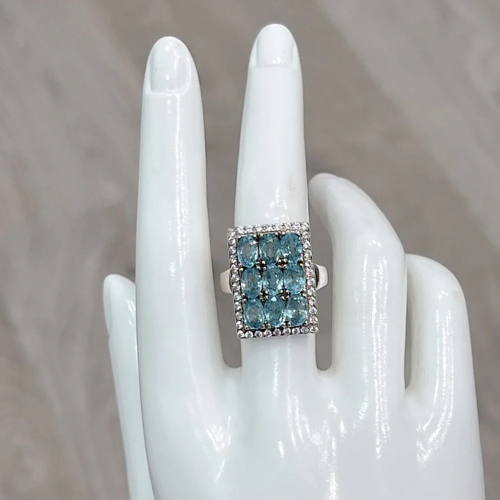 Cambodian Blue Zircon White Zircon Sterling Silver Rectangular Cluster R… - Picture 5 of 14